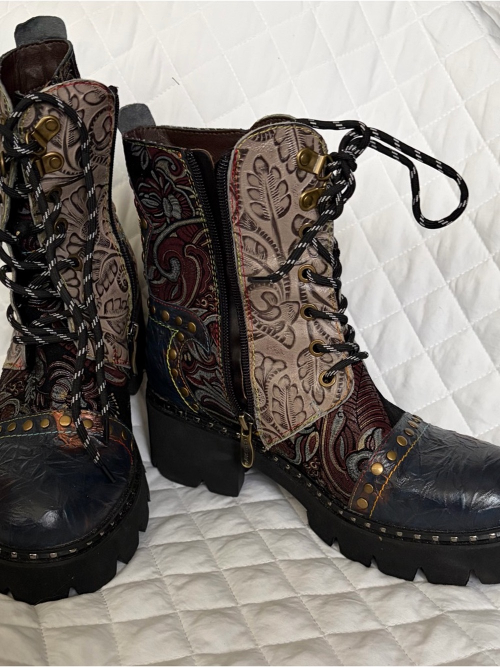 L'ATISTE Multicolor Embossed Lace-Up Combat Booties